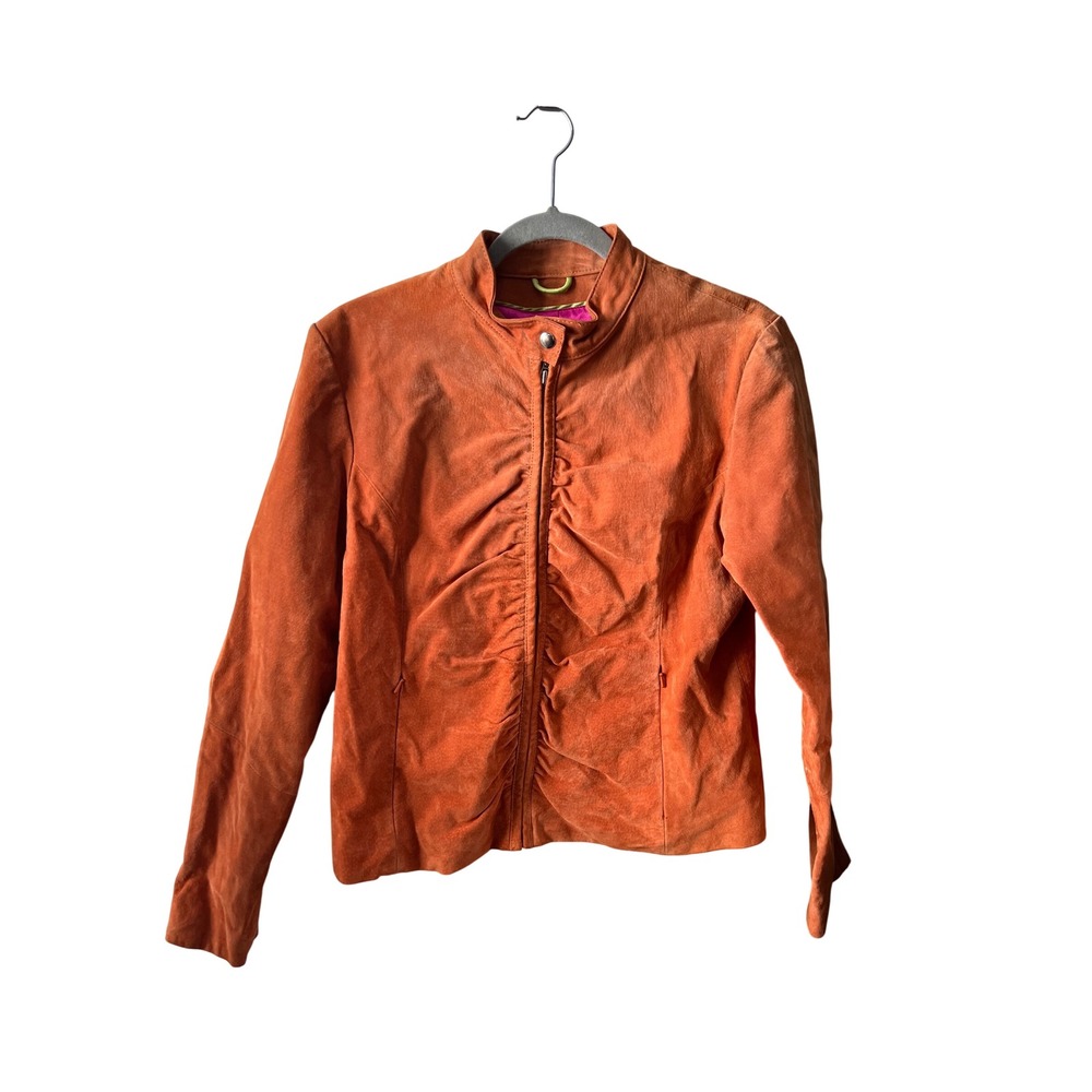 Y2K Wilsons Leather Maxima Orange Suede Ruched Zip Jacket Mock Neck L